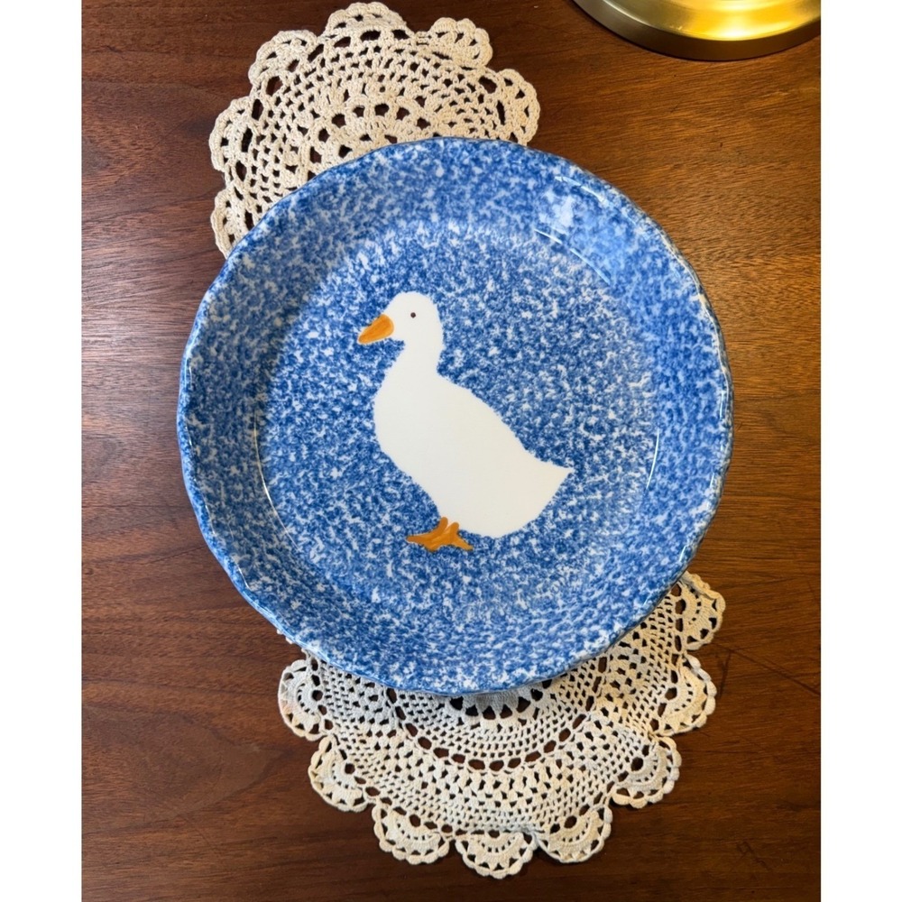 NS Gustin Co Vintage Blue Spongeware Goose Pie Dish Hand Decorated USA 10" Duck